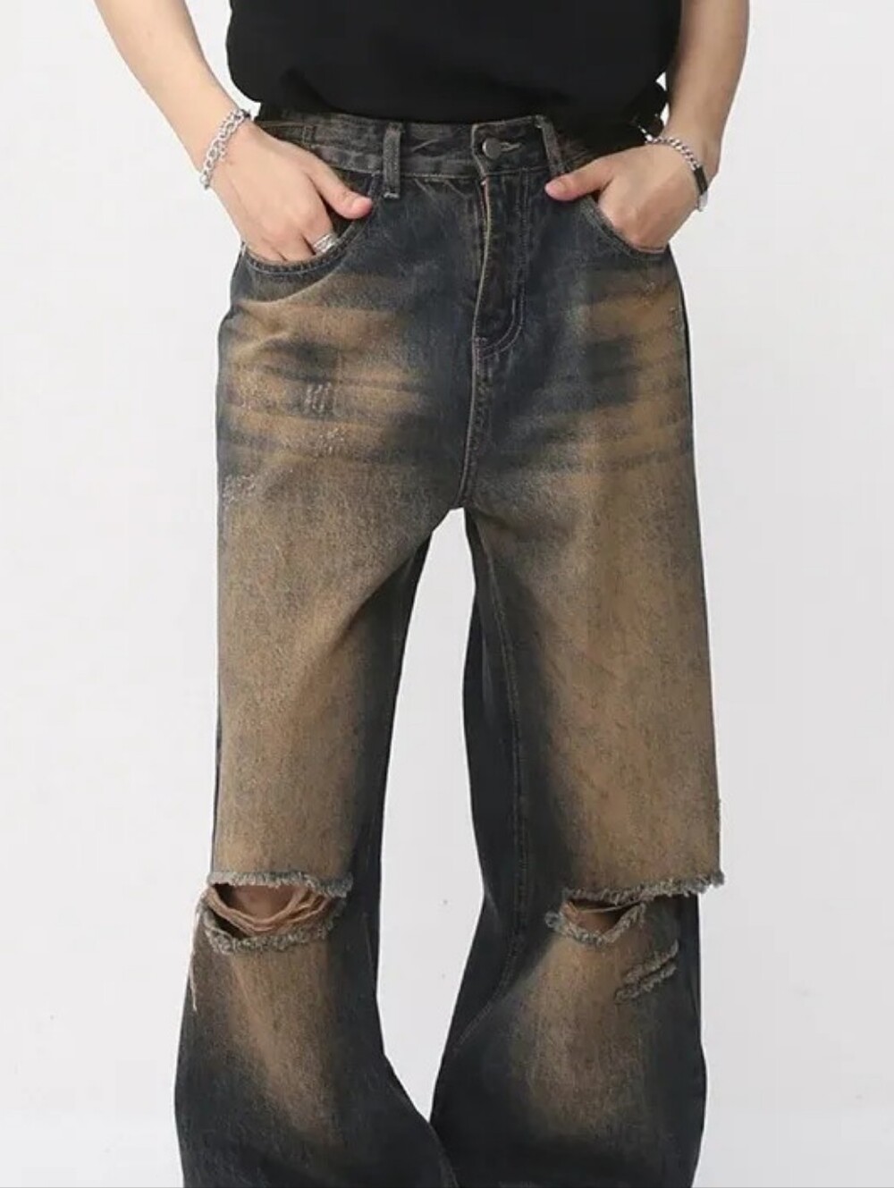 Nwt! Distressed Straight Wide Leg Two-Tone Vintage Inspired Hip Hop Denim Jeans